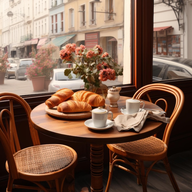 Foto mesa con croissants y café