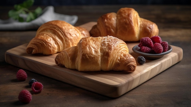 Una mesa con croissants y un plato de frambuesas.