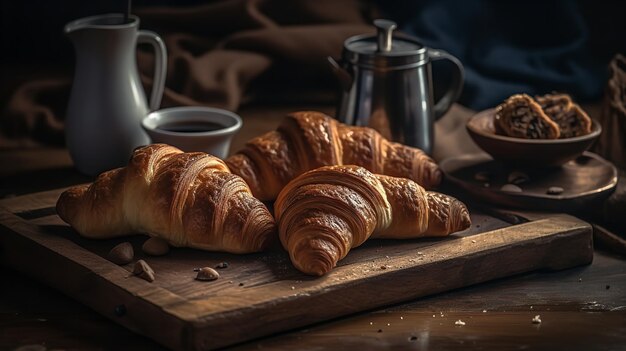 Una mesa con croissants y una taza de café encima.