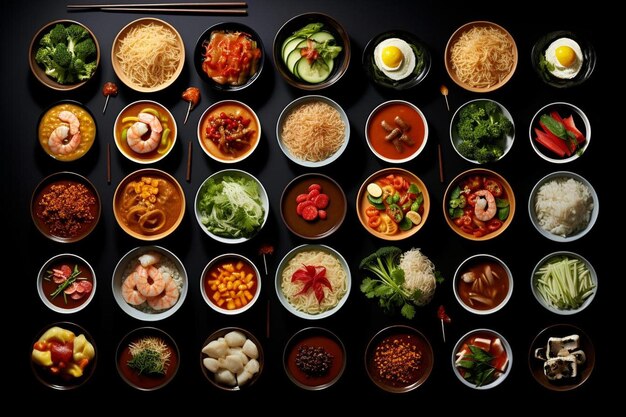 una mesa cubierta con cuencos de comida y palillos