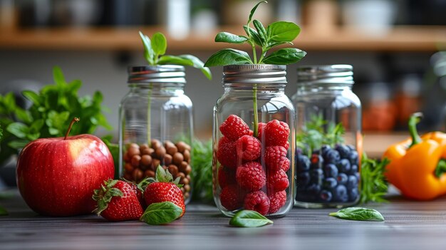 Foto mesa cubierta con frascos de frutas y verduras ia generativa