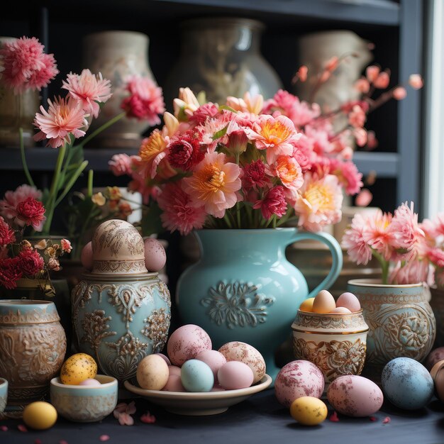 Una mesa cubierta de jarrones llenos de huevos y flores de Pascua