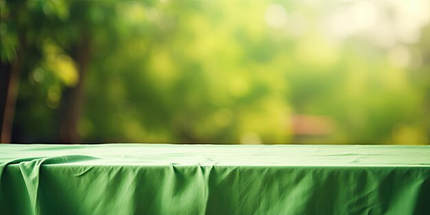 Foto mesa cubierta de madera cubierta con manteles sobre fondo verde bokeh sin elementos