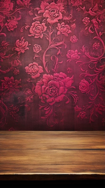 Foto mesa de cubierta de madera vacía sobre papel pintado grunge de color rosa oscuro