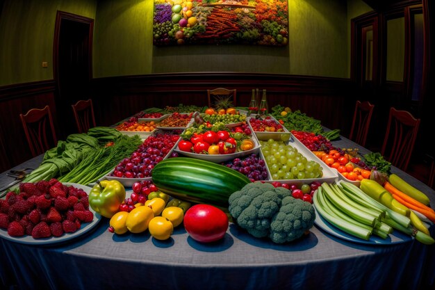 Una mesa cubierta con muchos tipos diferentes de frutas y verduras