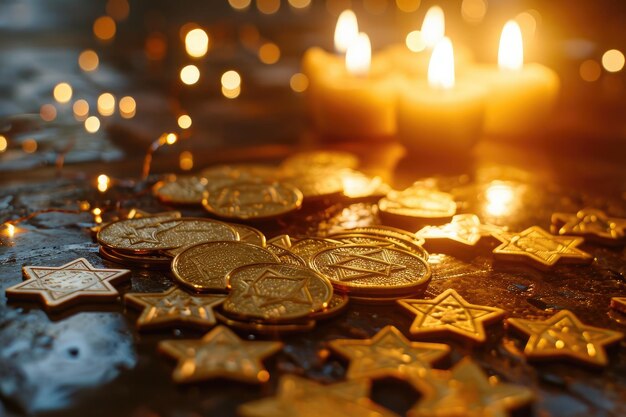 Una mesa cubierta con una multitud de estrellas doradas relucientes que crean una exhibición llamativa y festiva Golden Hanukkah gelt esparcida en una mesa generada por IA