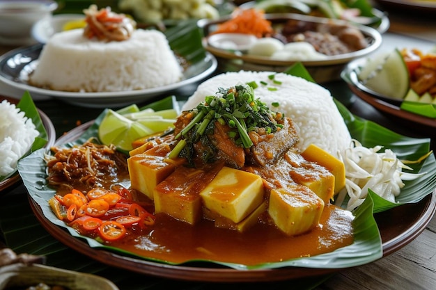 una mesa cubierta con platos de comida cubiertos de salsa