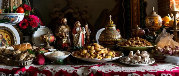 una mesa cubierta con platos de comida y estatuillas