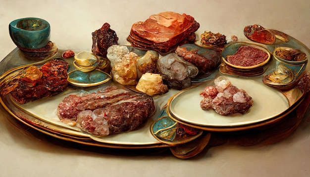 Una mesa cubierta con platos de comida y tazones llenos de diferentes tipos de verduras y carnes Ai generativo