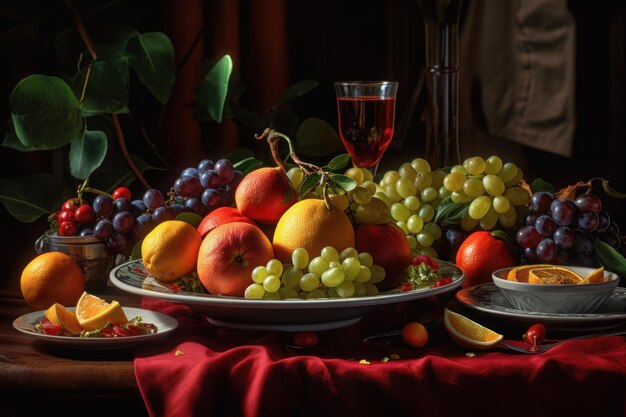 Una mesa cubierta con platos de fruta y una copa de vino IA generativa