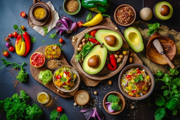 Mesa cubierta con tazones de comida junto a tazones de verduras y frutas IA generativa