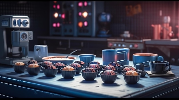 Una mesa cubierta con tazones de comida y tazas de café Imagen generativa de IA Estilo académico oscuro