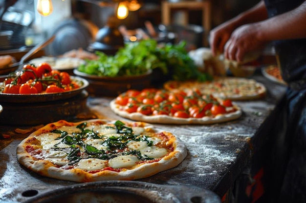 Foto una mesa cubierta con tres pizzas cubiertas con aderezos