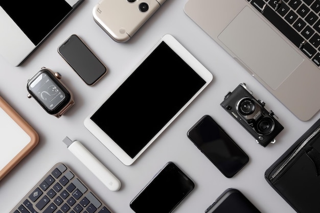 Foto una mesa cubierta con una variedad de productos electrónicos, incluidos portátiles, tabletas, teléfonos inteligentes, auriculares y consolas de juegos.