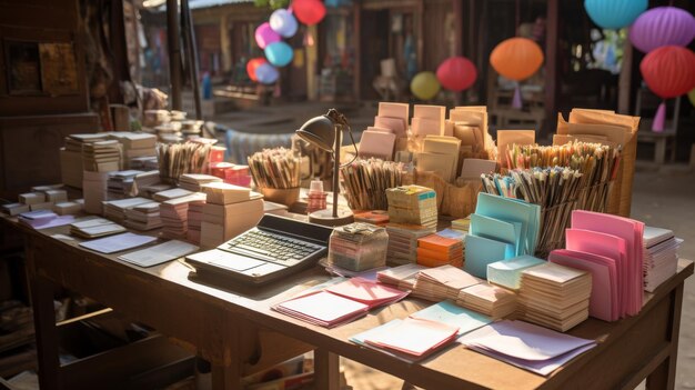 Una mesa cubierta con una variedad de tarjetas junto con una calculadora