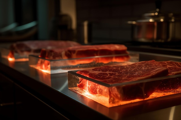 Una mesa de cubos de ternera con una luz encendida