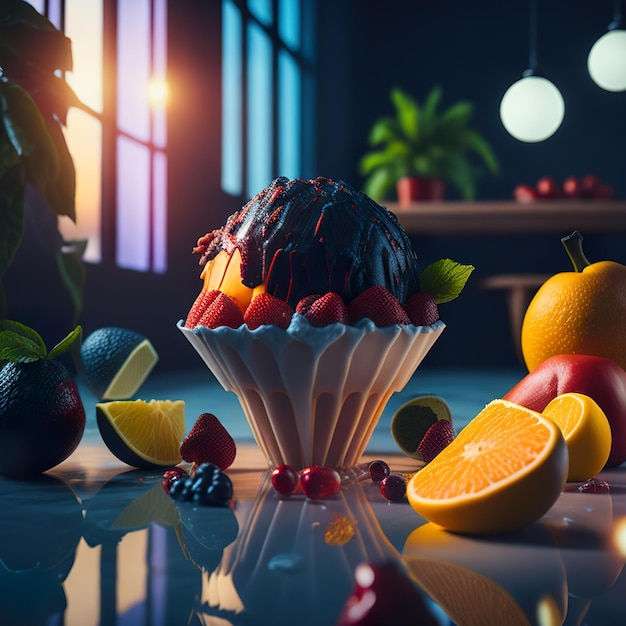 Foto una mesa con un cuenco de frutas y una planta encima.