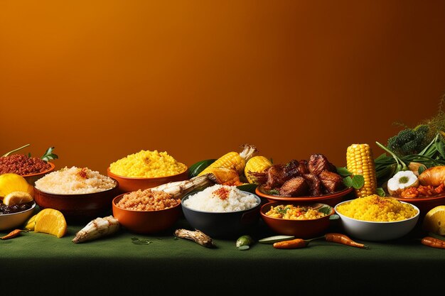 Foto una mesa con cuencos de arroz, arroz y verduras