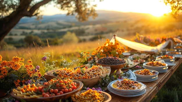 una mesa con cuencos de comida y flores y una puesta de sol