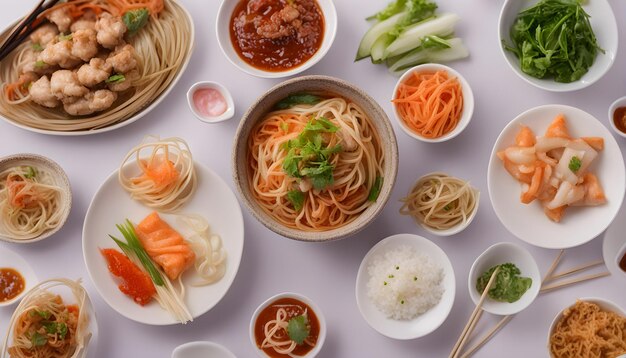 una mesa con cuencos de comida, incluidos fideos, fideos y sushi