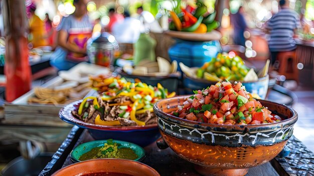 Foto una mesa con cuencos de comida incluyendo verduras y condimentos