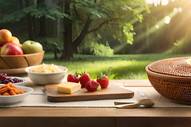 una mesa con cuencos de queso, fresas y un cuenco de queso.