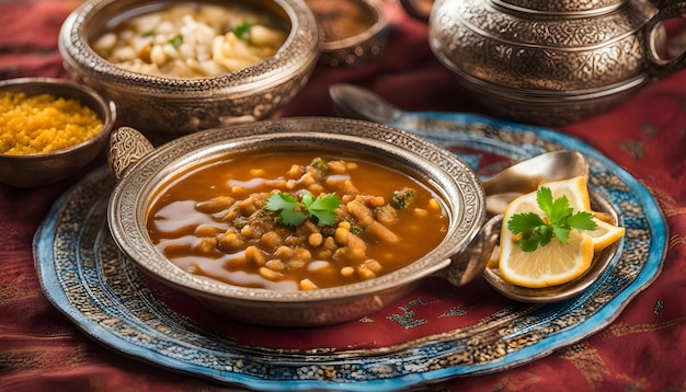 una mesa con cuencos de sopa y un plato de comida en ella