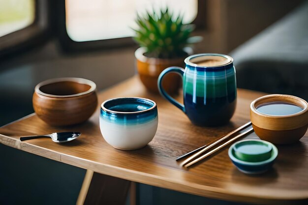 una mesa con cuencos y tazas en ella