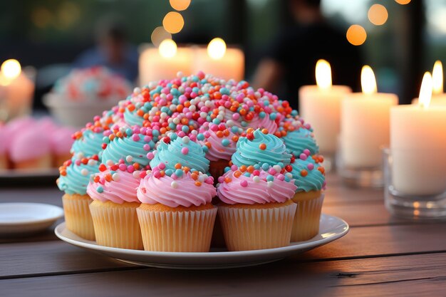 Mesa de cupcakes vibrantes en la fiesta de cumpleaños generativa IA