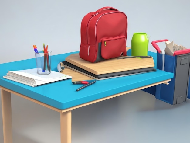 Foto mesa da escola com saco e acessório da escola com espaço de cópia 3d rendering arte 3d ai gerado