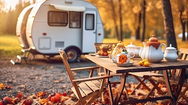 mesa de acampamento ao ar livre de fim de semana com chá