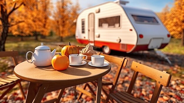 mesa de acampamento ao ar livre de fim de semana com teaset