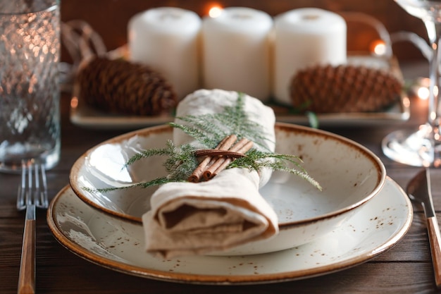 Mesa de Ação de Graças decorada entre velas e cones brancos O conceito de um jantar festivo