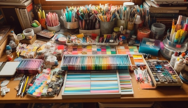 Mesa de artista coleção caótica de equipamentos coloridos gerados por IA