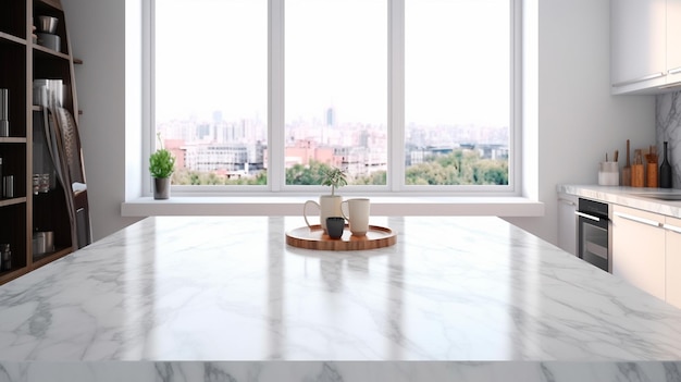 Mesa de bancada de mármore branco vazia cozinha moderna para exibição sobre fundo de sala de luxo brilhante Generative AI