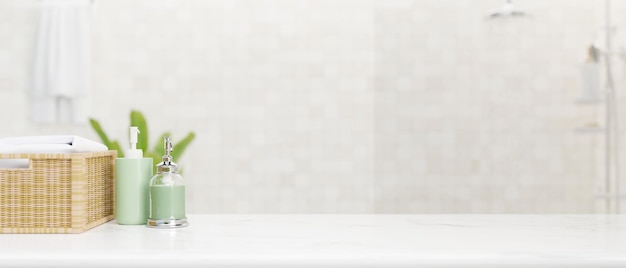 Mesa de banheiro de granito branco com espaços de maquete sobre fundo de banheiro brilhante desfocado