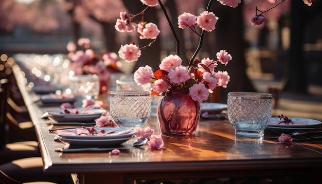 Foto mesa de banquete elegante com flores frescas comida gourmet e vinho gerados por ia