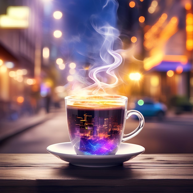 Foto mesa de bar com vista realista da rua à noite de xícara de café