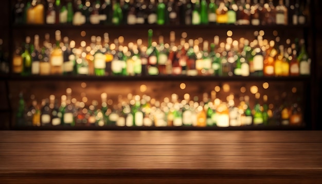 Mesa de bar de madeira vazia com fundo desfocado lindas prateleiras em estilo bokeh com garrafas