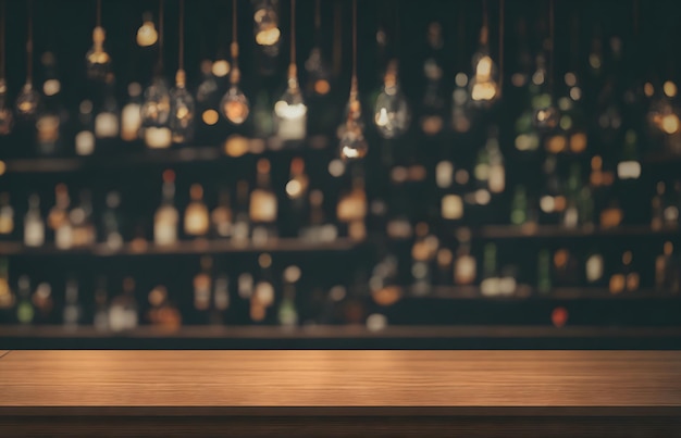 Foto mesa de bar de madeira vazia com fundo desfocado lindas prateleiras em estilo bokeh com garrafas