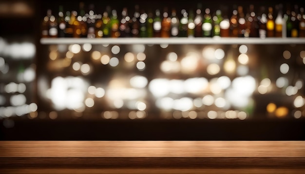 Mesa de bar de madeira vazia com fundo desfocado lindas prateleiras em estilo bokeh com garrafas