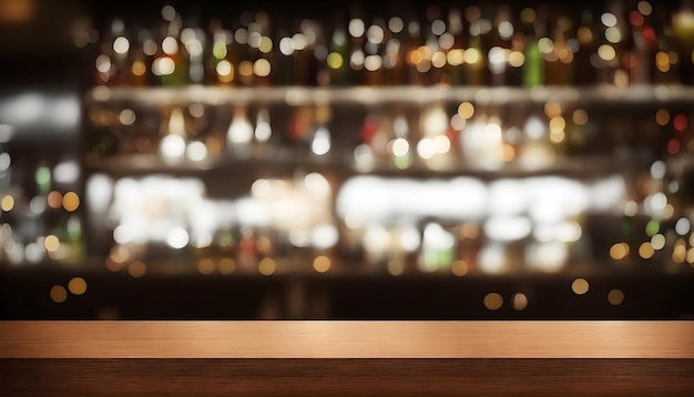 Mesa de bar de madeira vazia com fundo desfocado lindas prateleiras em estilo bokeh com garrafas