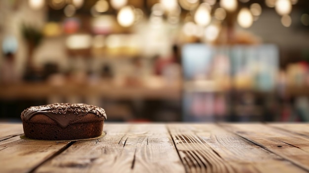 Foto mesa de beige de carvalho vazio e borrão de sala com uma decoração de dia de bolo de chocolate ai generative