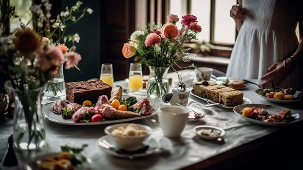 Mesa de brunch com flores e mulher ao fundo foco suave IA generativa