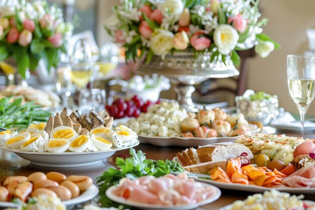 Foto mesa de brunch de páscoa com comida e lanches carnes queijo ovos buffet catering