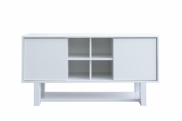 Mesa de buffet branca minimalista com design elegante contra um fundo branco limpo perfeito para interiores modernos
