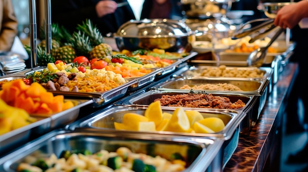 Foto mesa de buffet com comida, carne e legumes no hotel