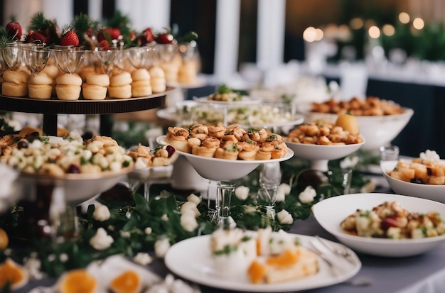 Mesa de buffet com louça esperando os convidados do catering comerem comida de casamento