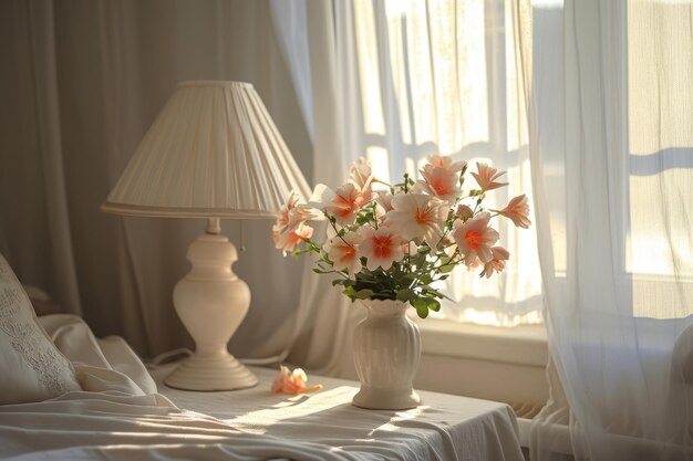 Mesa de cabeceira com lâmpada e flores no quarto AI gerativa.