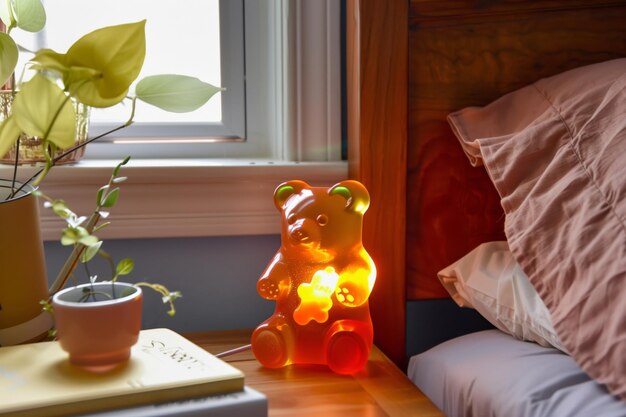 Foto mesa de cabeceira com luz noturna de urso de goma